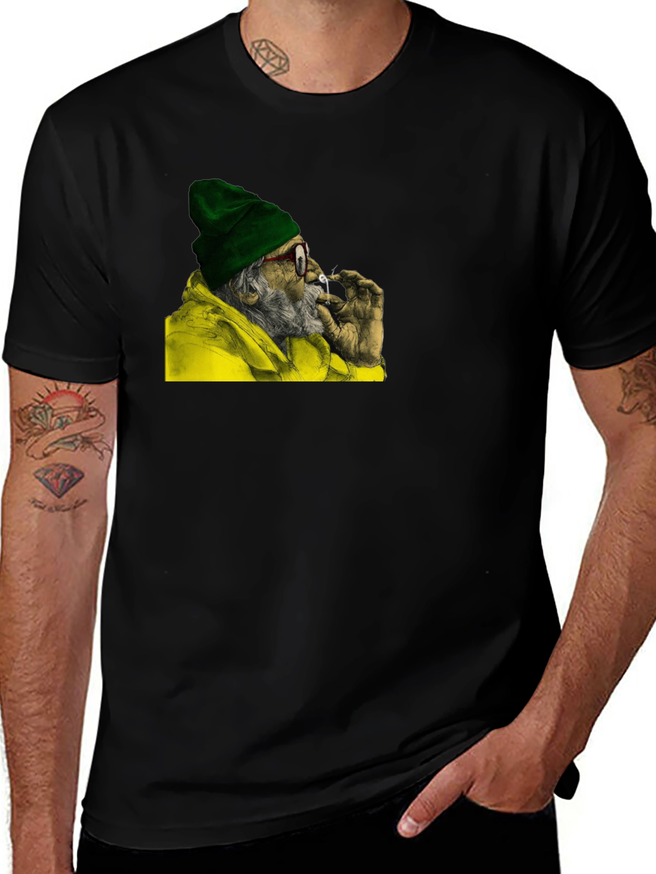 Cool Old Man Smoking Graphic Black T-Shirt