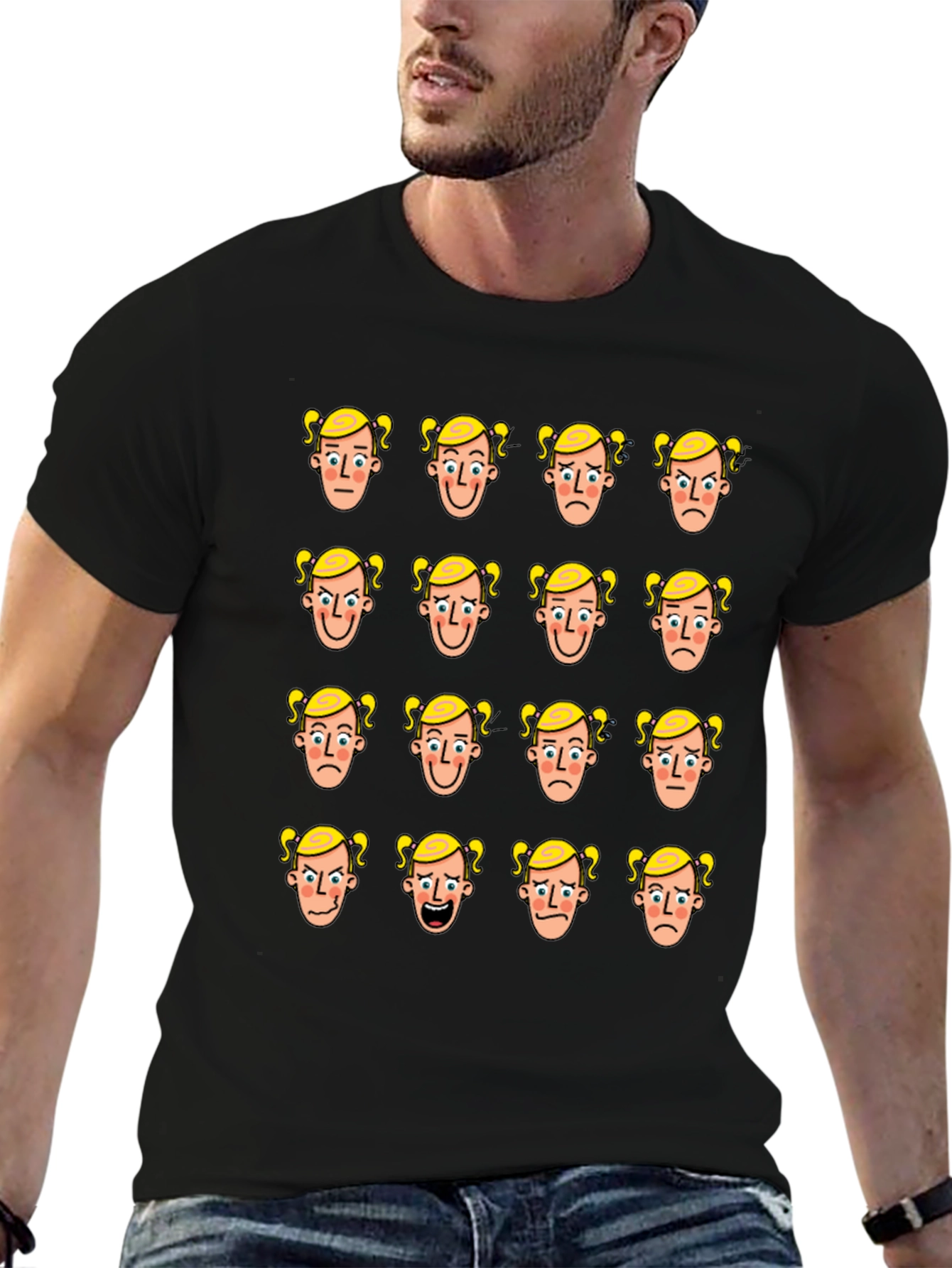 Emotional Faces Graphic Print Black T-Shirt