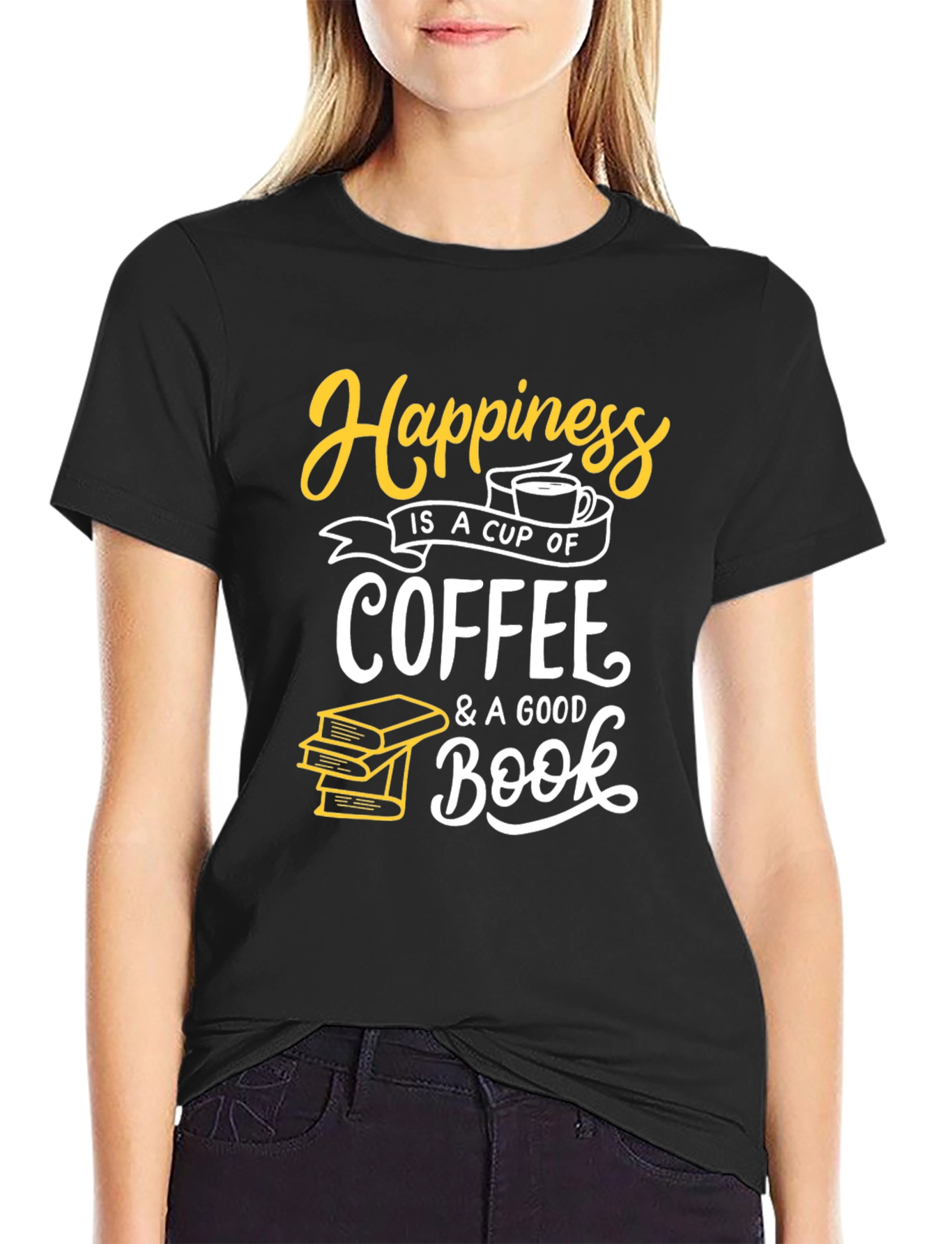Happiness Coffee and Books Black T-Shirt