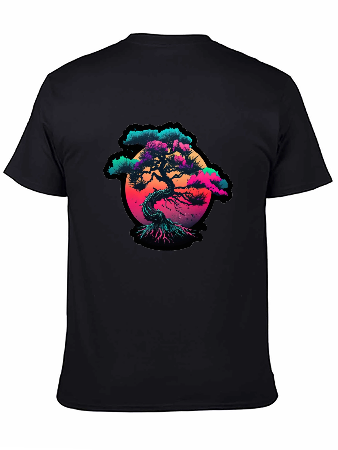 Vaporwave Bonsai Tree Graphic Black T-Shirt