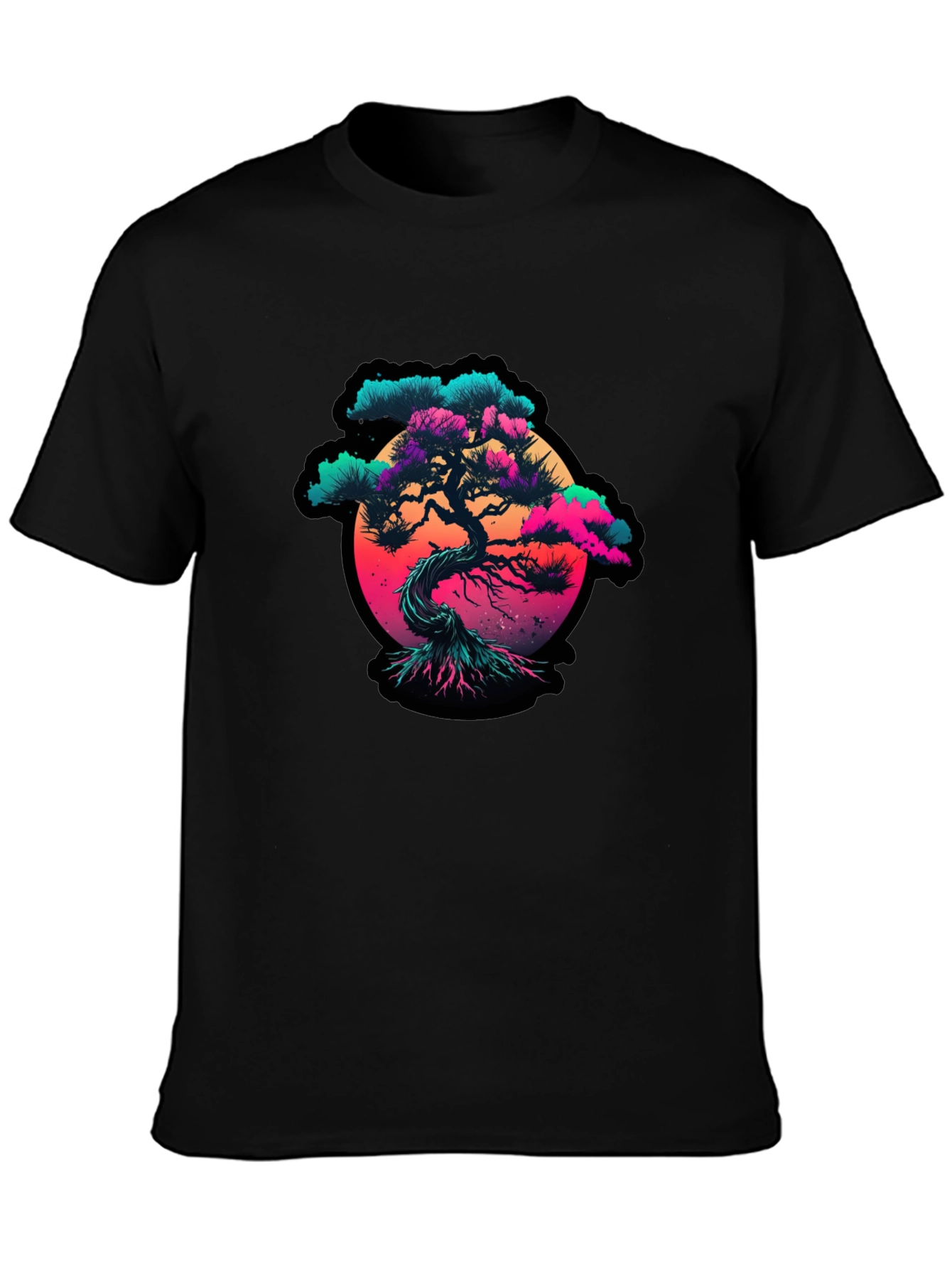 Vaporwave Bonsai Tree Graphic Black T-Shirt