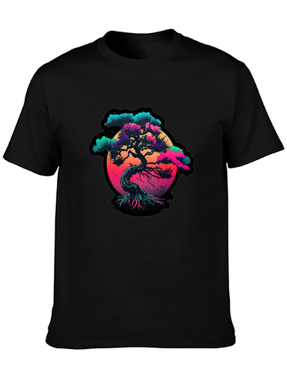 Vaporwave Bonsai Tree Graphic Black T-Shirt