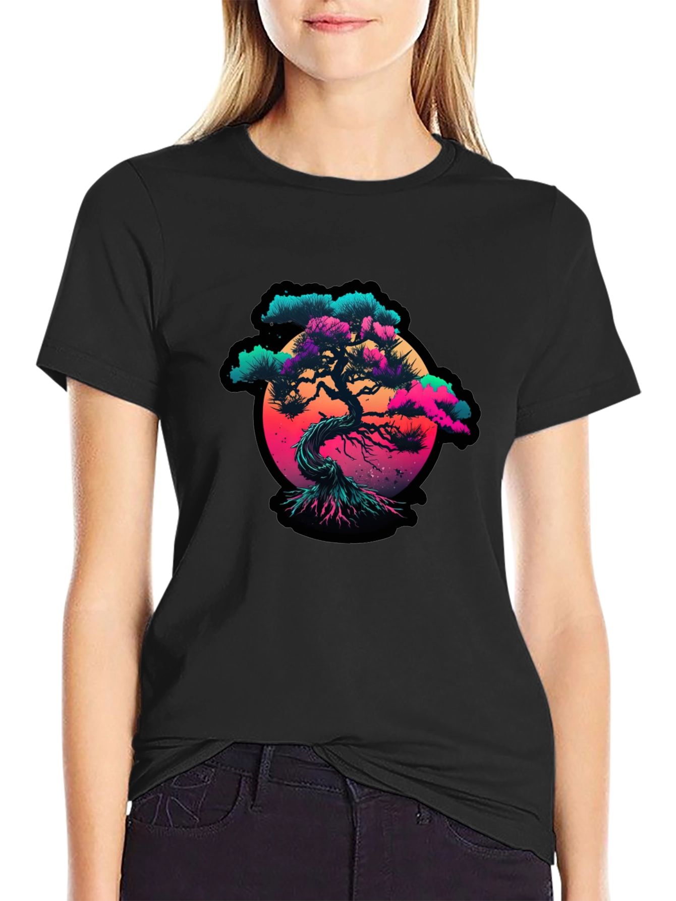 Vaporwave Bonsai Tree Graphic Black T-Shirt