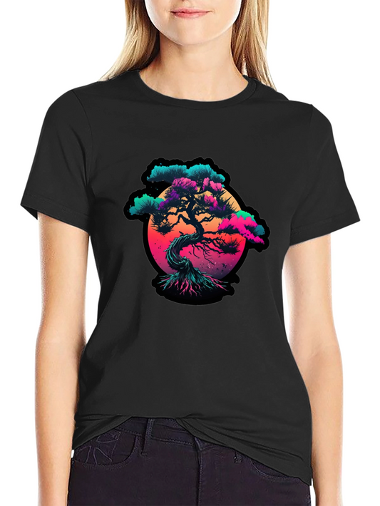 Vaporwave Bonsai Tree Graphic Black T-Shirt