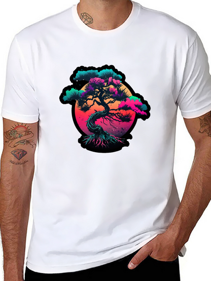 Vaporwave Bonsai Tree Graphic Black T-Shirt