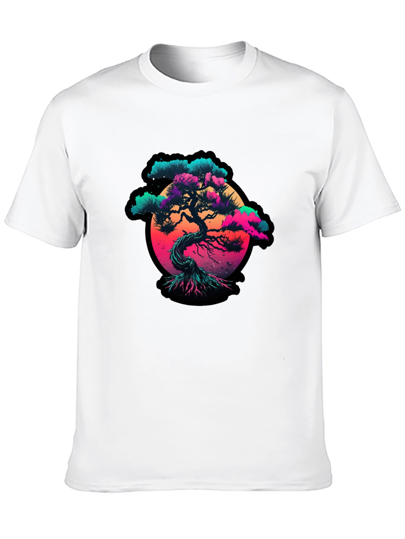 Vaporwave Bonsai Tree Graphic Black T-Shirt