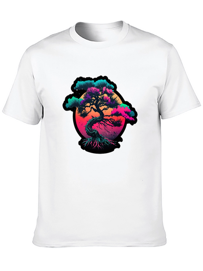 Vaporwave Bonsai Tree Graphic Black T-Shirt