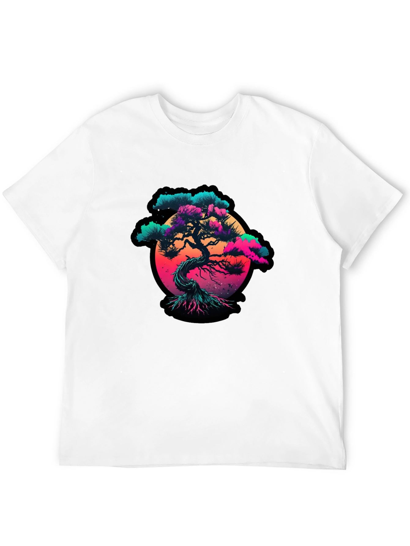 Vaporwave Bonsai Tree Graphic Black T-Shirt