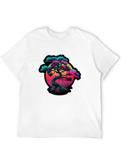 Vaporwave Bonsai Tree Graphic Black T-Shirt