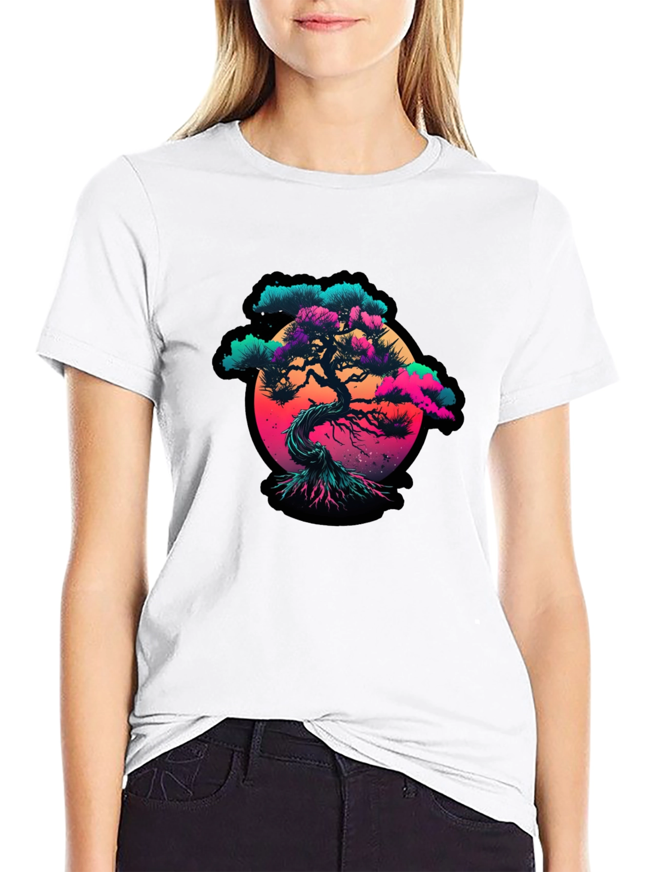 Vaporwave Bonsai Tree Graphic Black T-Shirt