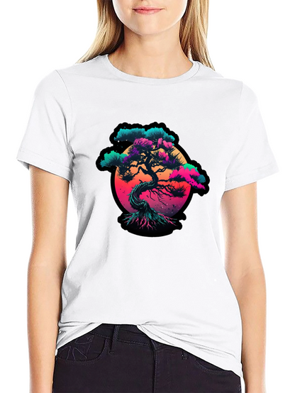 Vaporwave Bonsai Tree Graphic Black T-Shirt