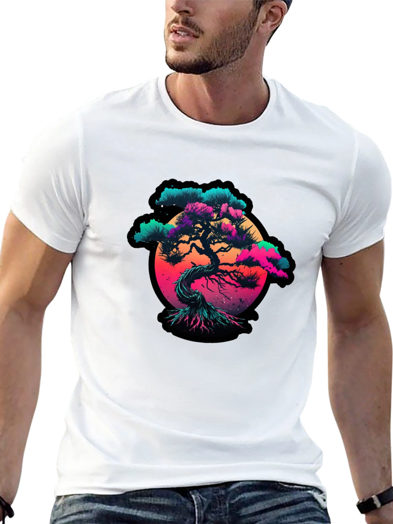 Vaporwave Bonsai Tree Graphic Black T-Shirt