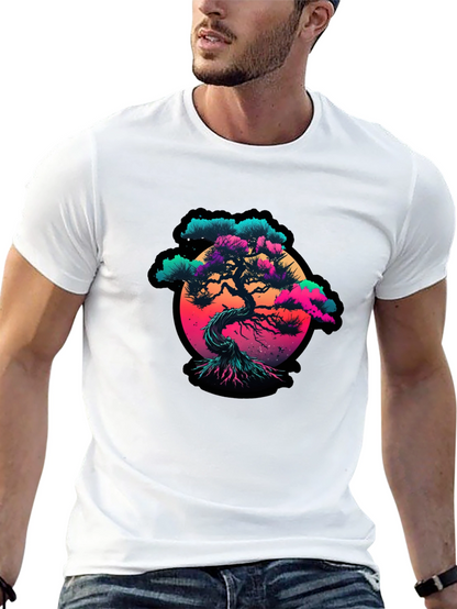 Vaporwave Bonsai Tree Graphic Black T-Shirt