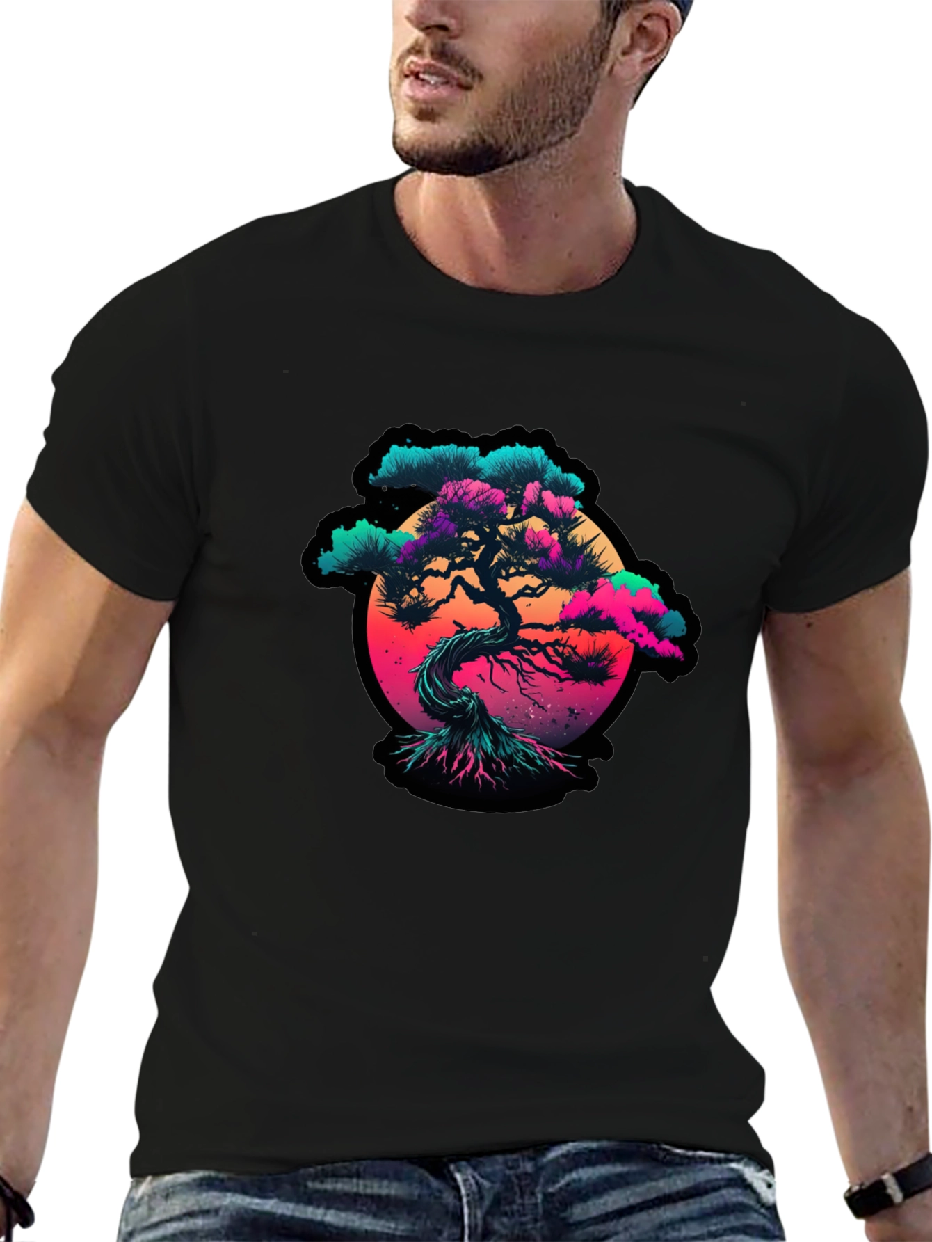 Vaporwave Bonsai Tree Graphic Black T-Shirt
