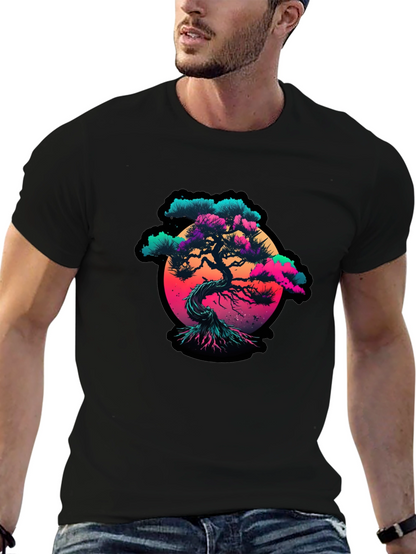 Vaporwave Bonsai Tree Graphic Black T-Shirt