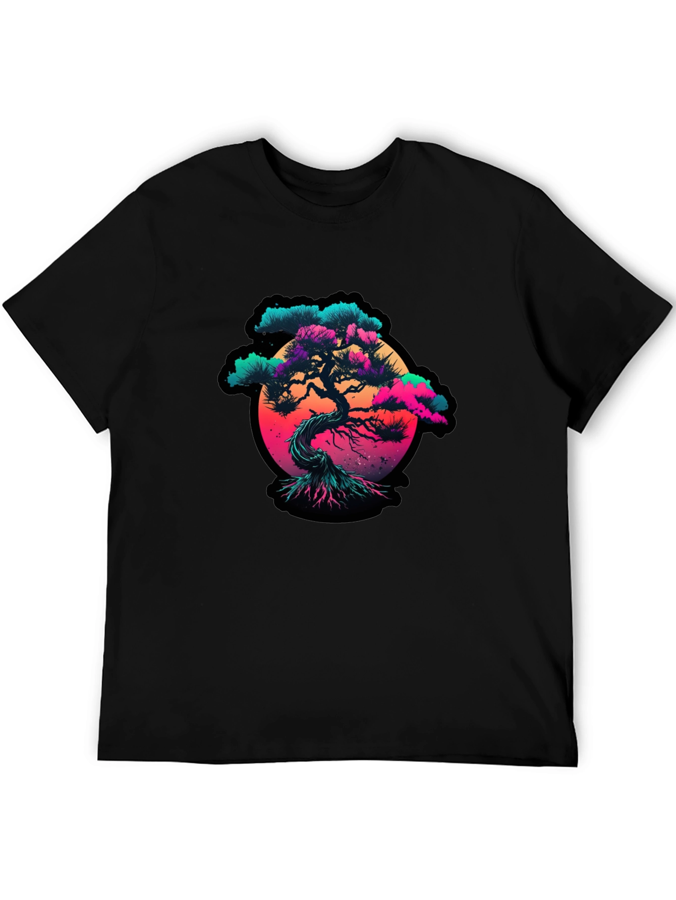 Vaporwave Bonsai Tree Graphic Black T-Shirt