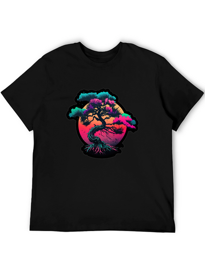 Vaporwave Bonsai Tree Graphic Black T-Shirt