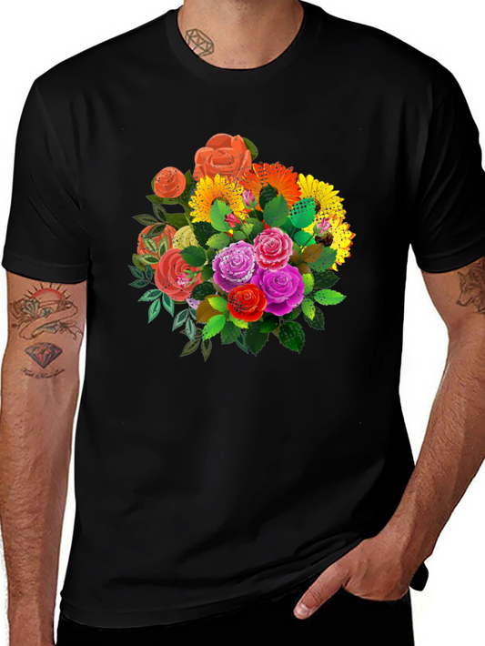 Floral Print Black T-Shirt - Vibrant Roses & Blooms
