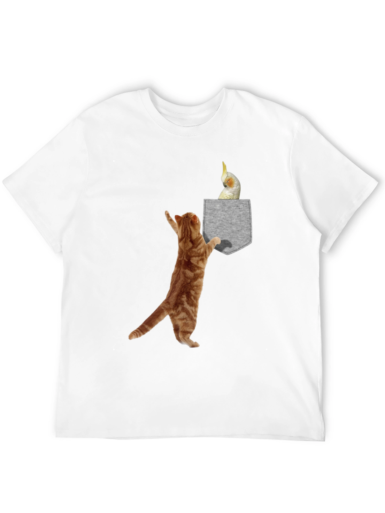 Cat & Cockatiel Pocket T-Shirt - Unique Graphic Tee