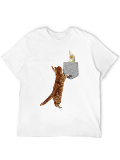 Cat & Cockatiel Pocket T-Shirt - Unique Graphic Tee