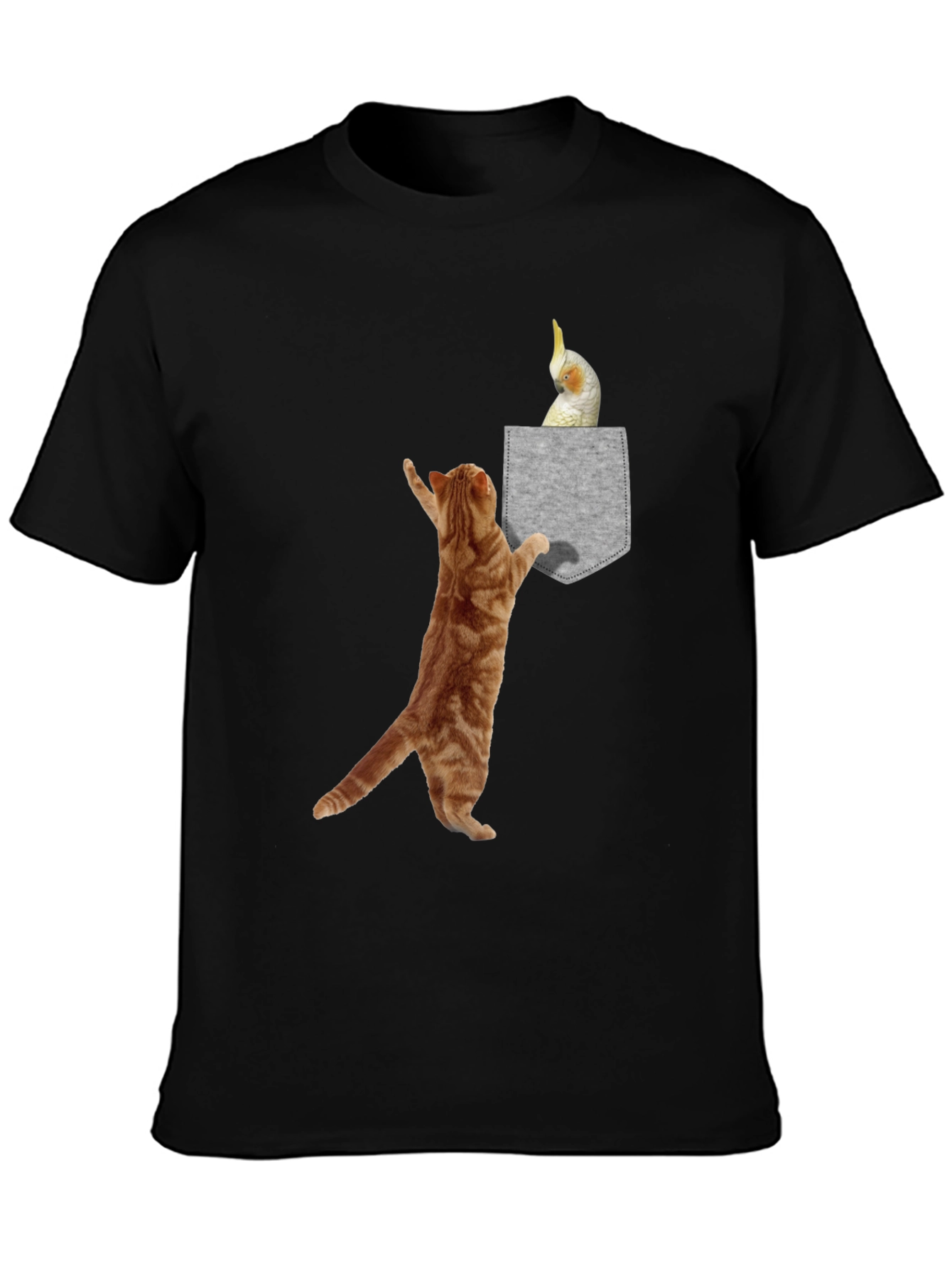 Cat & Cockatiel Pocket T-Shirt - Unique Graphic Tee