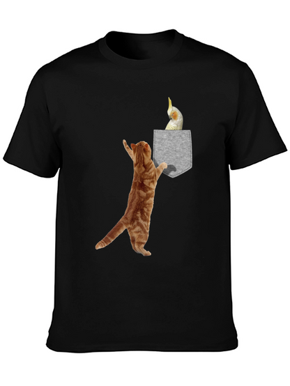 Cat & Cockatiel Pocket T-Shirt - Unique Graphic Tee