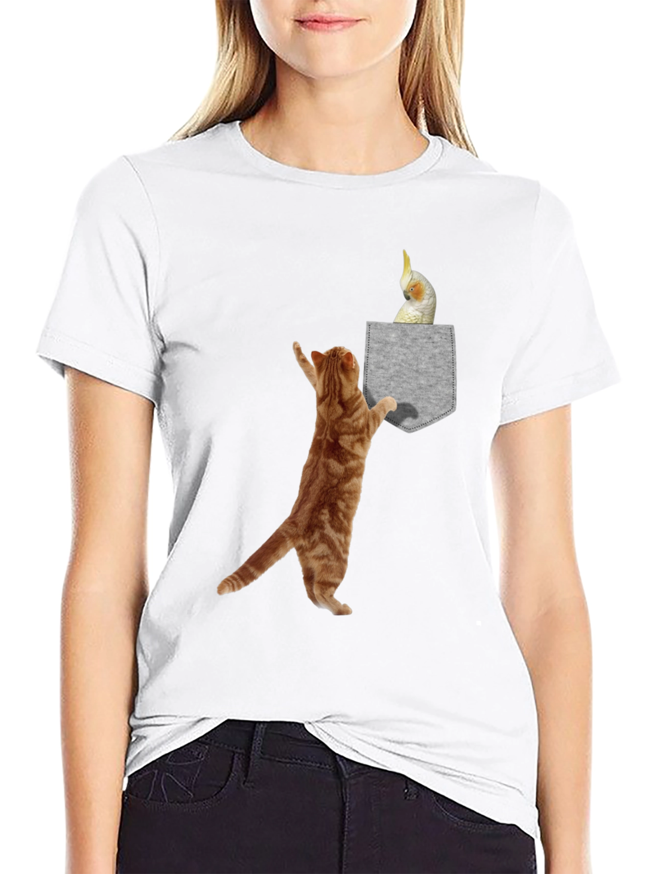 Cat & Cockatiel Pocket T-Shirt - Unique Graphic Tee
