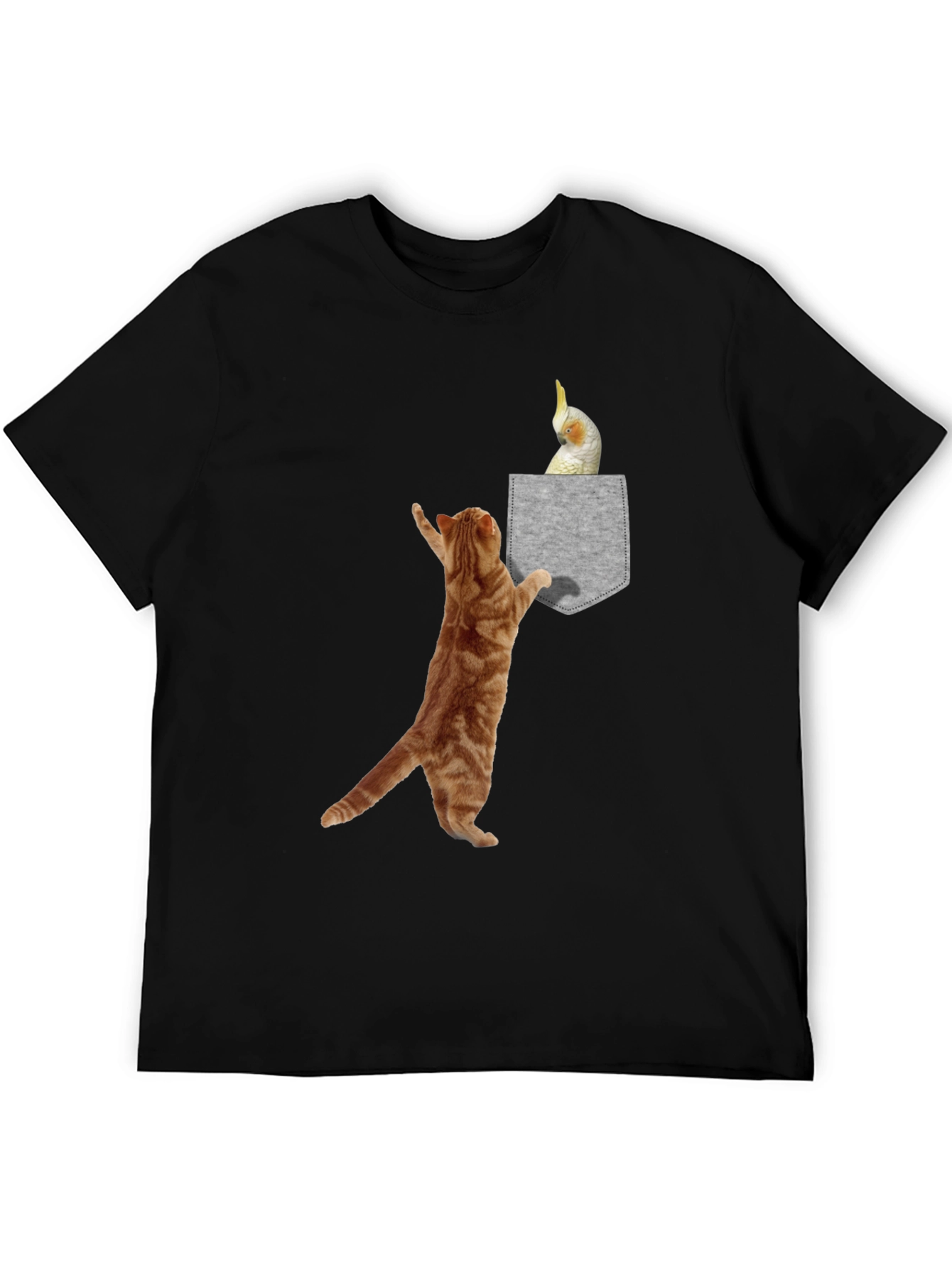 Cat & Cockatiel Pocket T-Shirt - Unique Graphic Tee