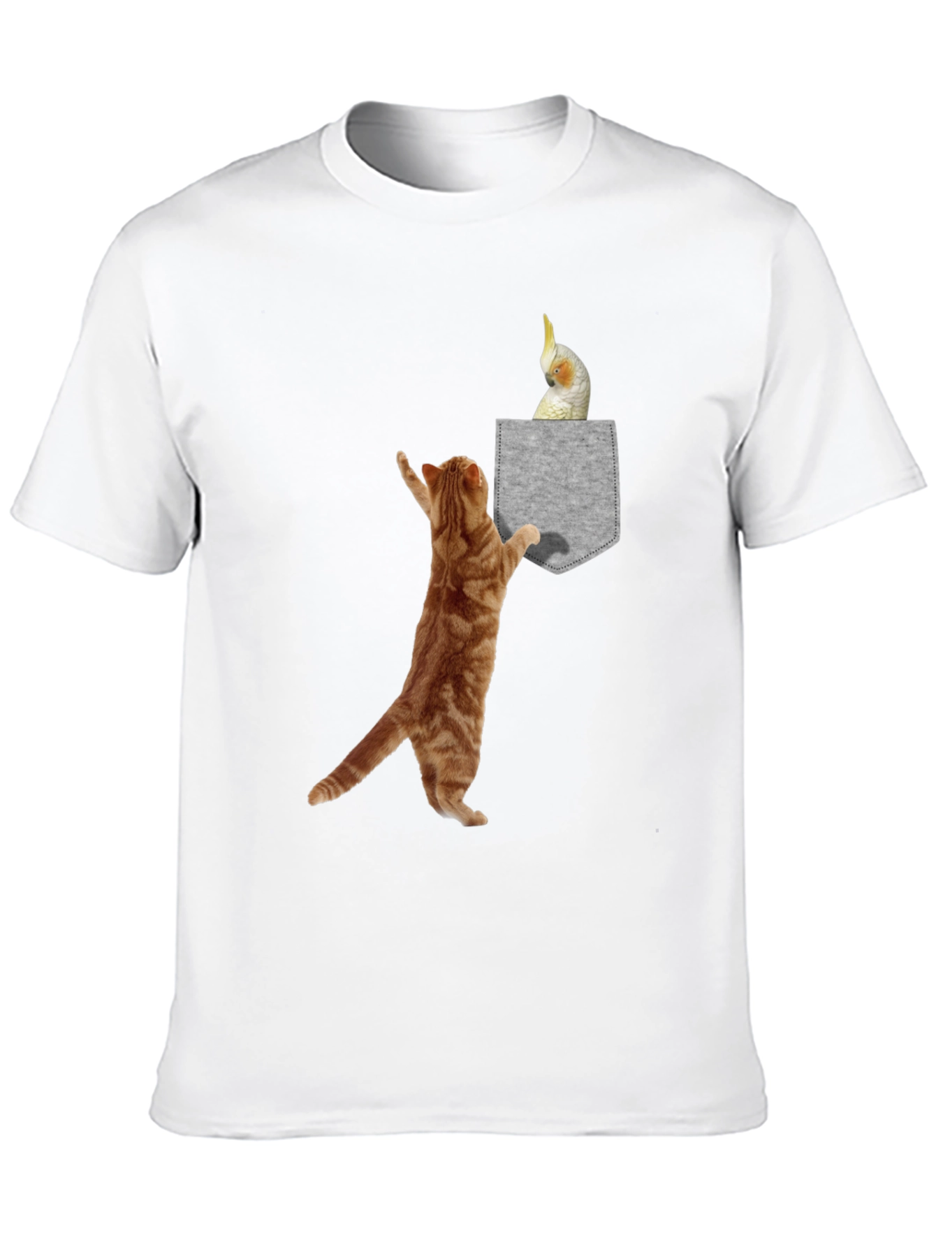 Cat & Cockatiel Pocket T-Shirt - Unique Graphic Tee