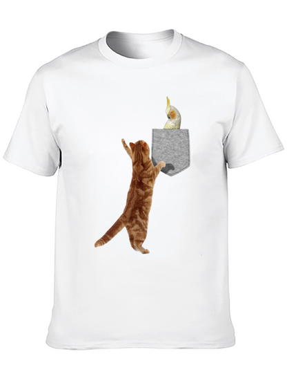 Cat & Cockatiel Pocket T-Shirt - Unique Graphic Tee