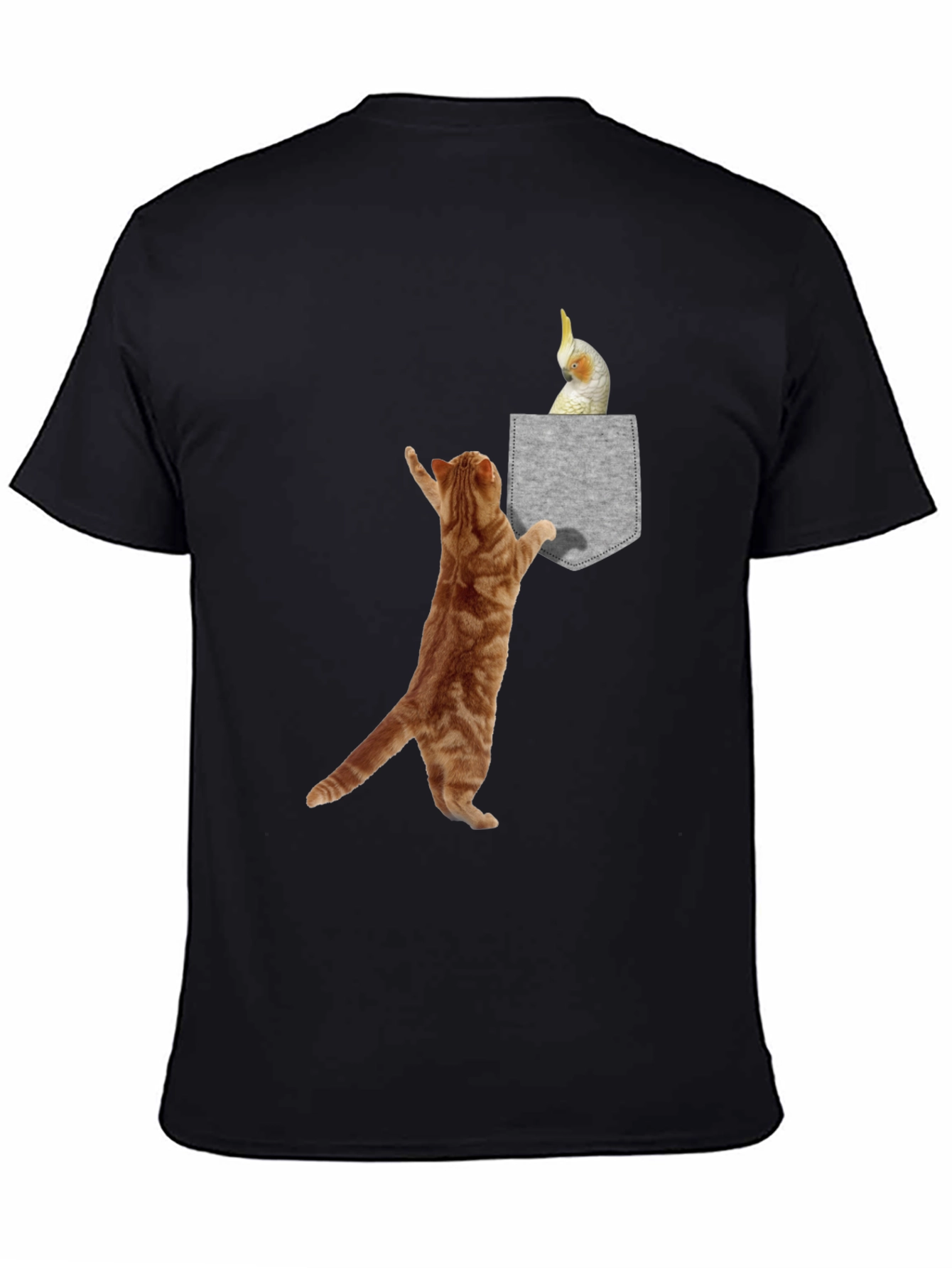 Cat & Cockatiel Pocket T-Shirt - Unique Graphic Tee