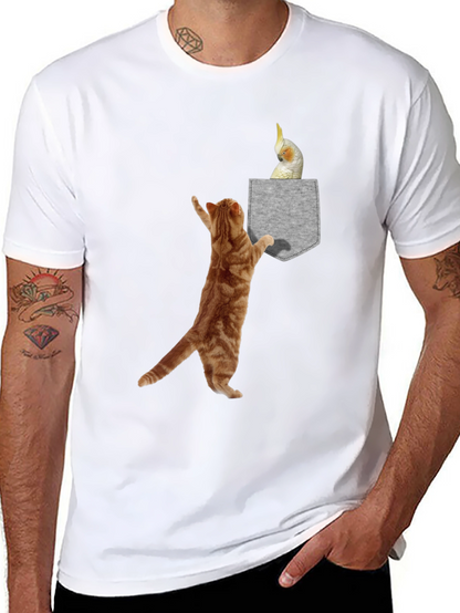 Cat & Cockatiel Pocket T-Shirt - Unique Graphic Tee