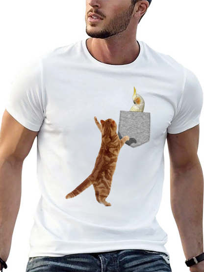 Cat & Cockatiel Pocket T-Shirt - Unique Graphic Tee