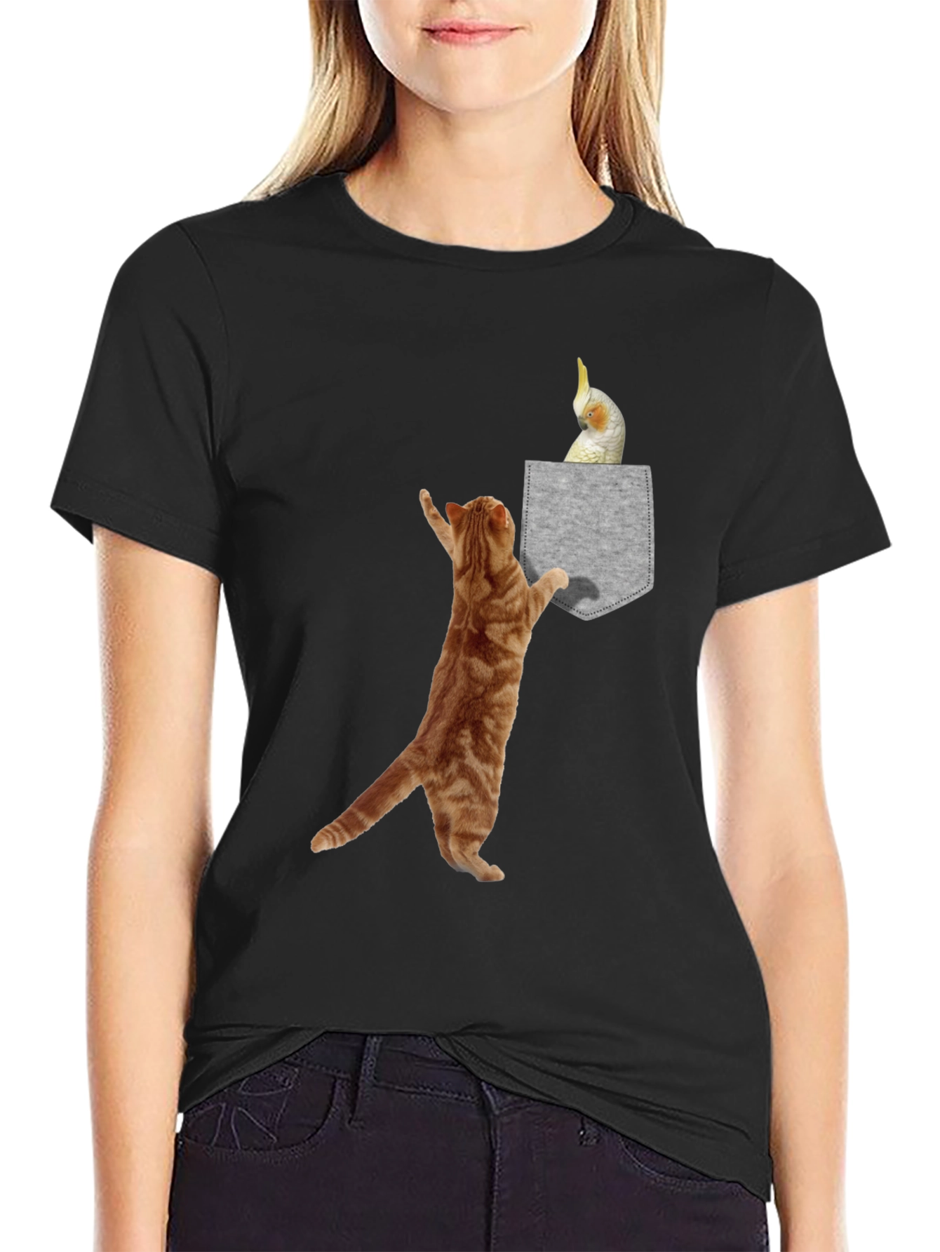 Cat & Cockatiel Pocket T-Shirt - Unique Graphic Tee