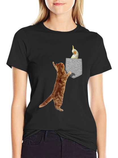 Cat & Cockatiel Pocket T-Shirt - Unique Graphic Tee