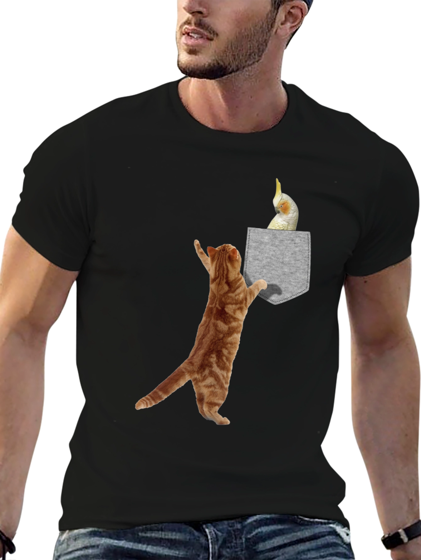Cat & Cockatiel Pocket T-Shirt - Unique Graphic Tee