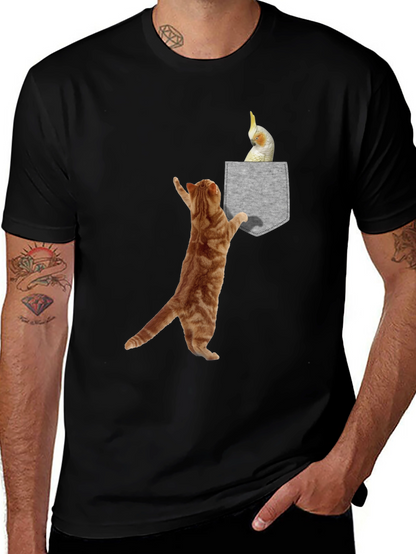 Cat & Cockatiel Pocket T-Shirt - Unique Graphic Tee