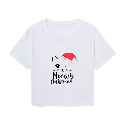 Meowy Christmas Cute Santa Cat Graphic Crop Top