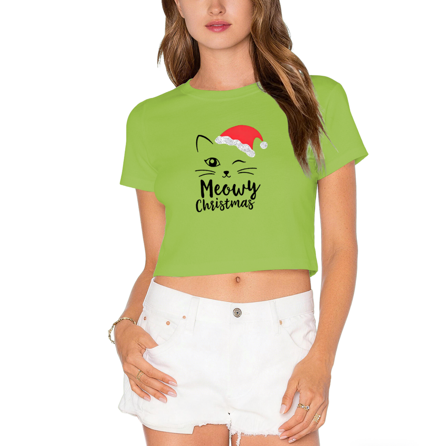 Meowy Christmas Cute Santa Cat Graphic Crop Top