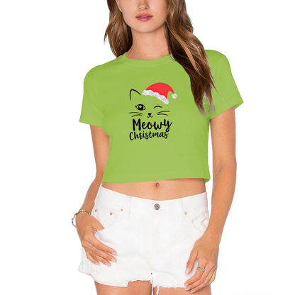 Meowy Christmas Cute Santa Cat Graphic Crop Top
