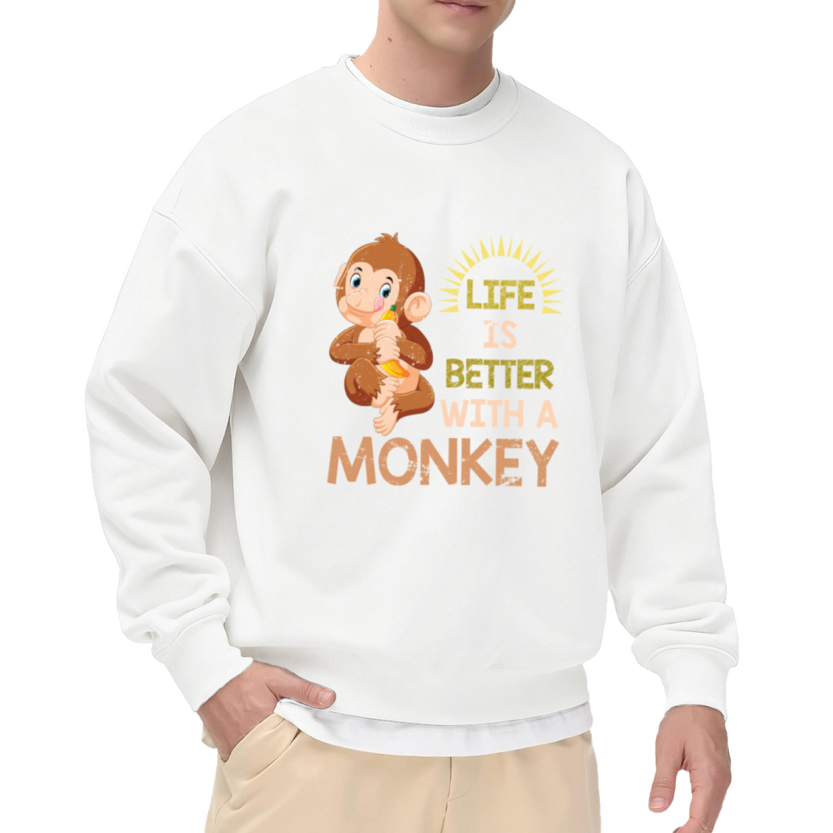 Life Is Better With A Monkey Crewneck Sweatshirt - Funny Animal Lover Cartoon Pullover