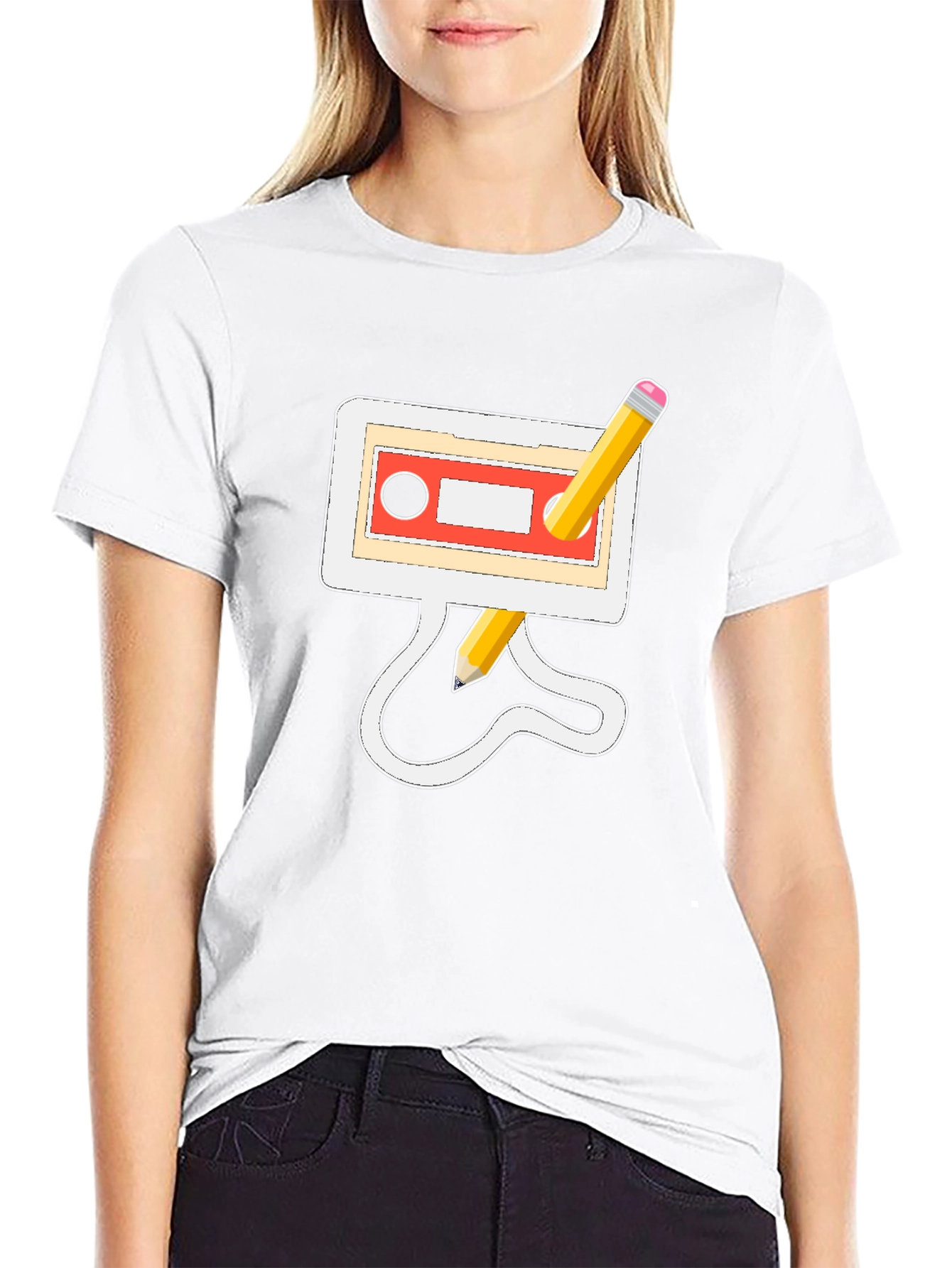 Retro Cassette & Pencil Black Graphic Tee