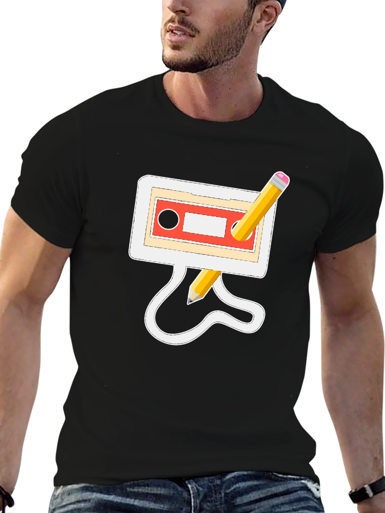 Retro Cassette & Pencil Black Graphic Tee