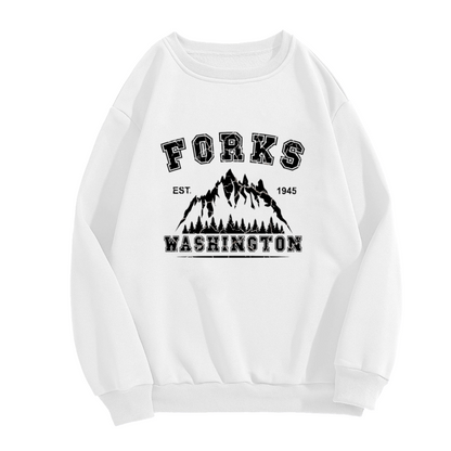 Forks Washington EST 1945 Crewneck Sweatshirt - Vintage PNW Mountain Town Pullover