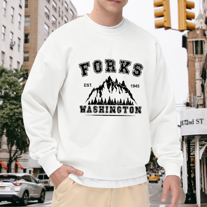 Forks Washington EST 1945 Crewneck Sweatshirt - Vintage PNW Mountain Town Pullover