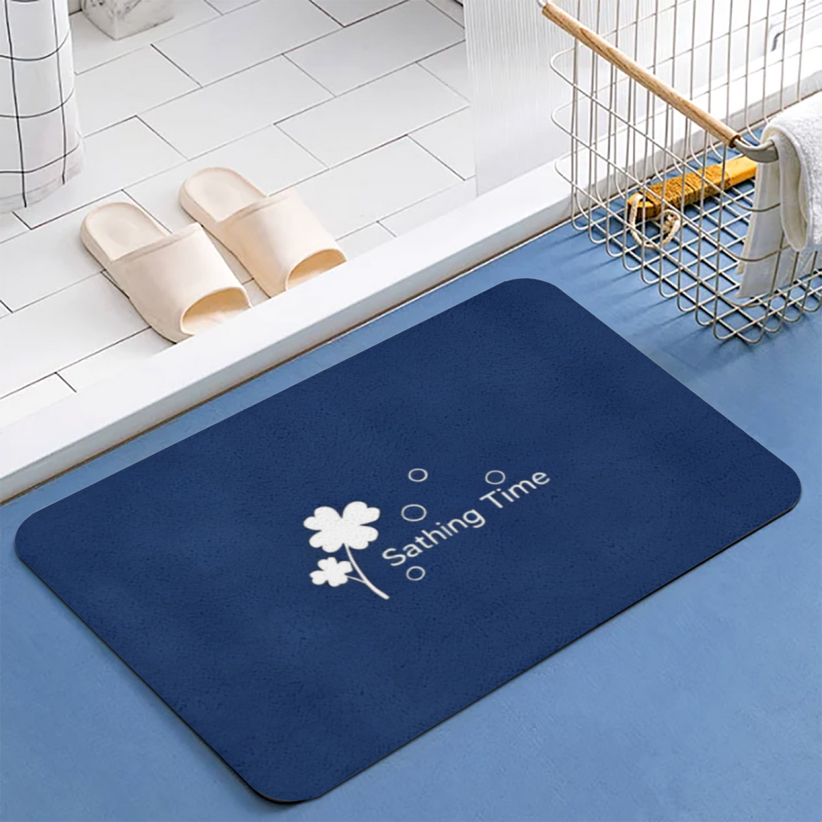 Dark Blue Clover Bath Theme£üDark Blue Clover Bath Time Print Diatomite Mat, Simple Text Design Quick?Dry Non?Slip Bathroom Mat