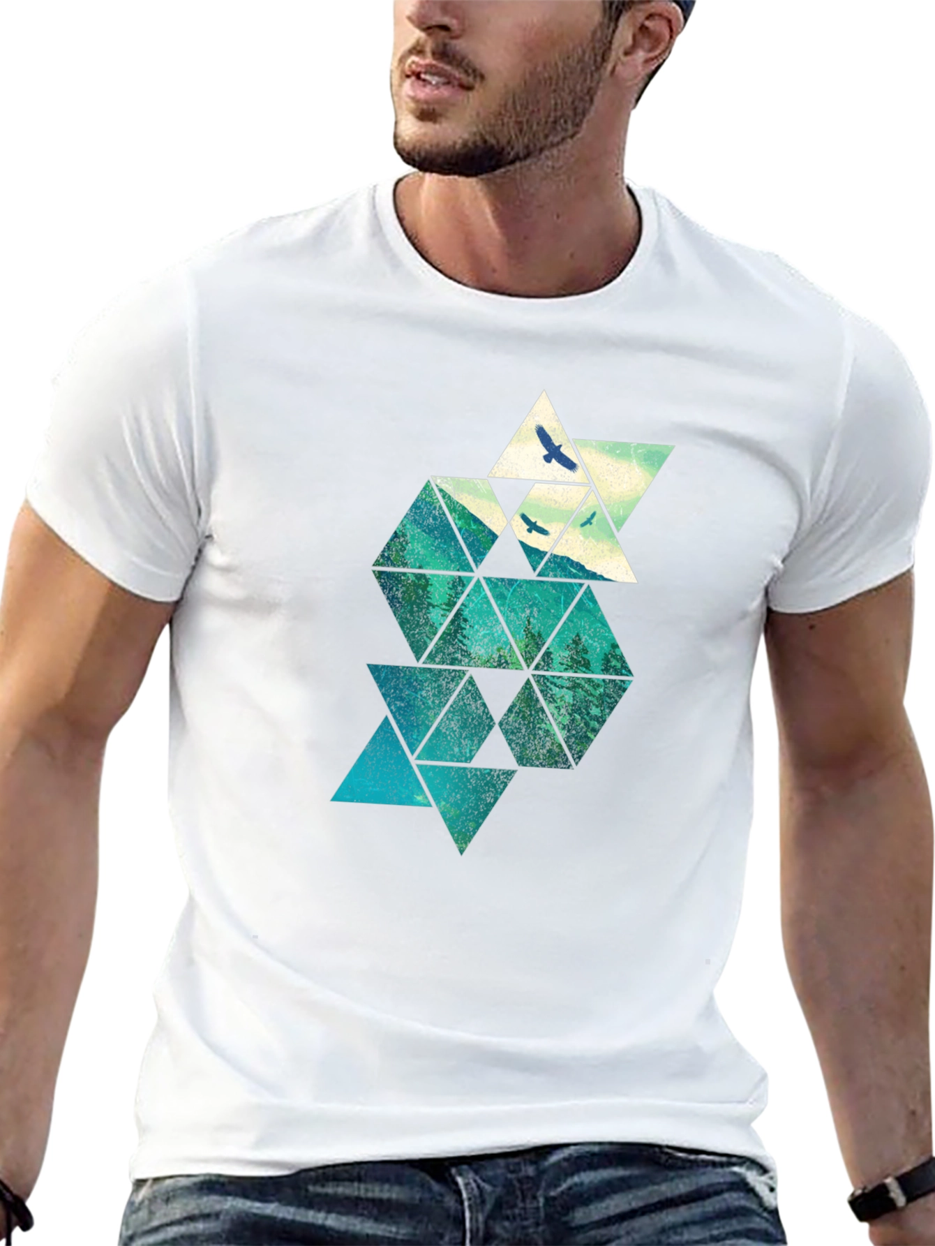 Geometric Mountain & Bird Print Mens Black T-Shirt