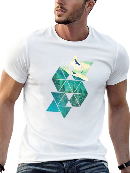 Geometric Mountain & Bird Print Mens Black T-Shirt