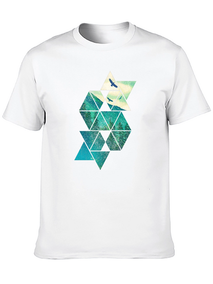 Geometric Mountain & Bird Print Mens Black T-Shirt