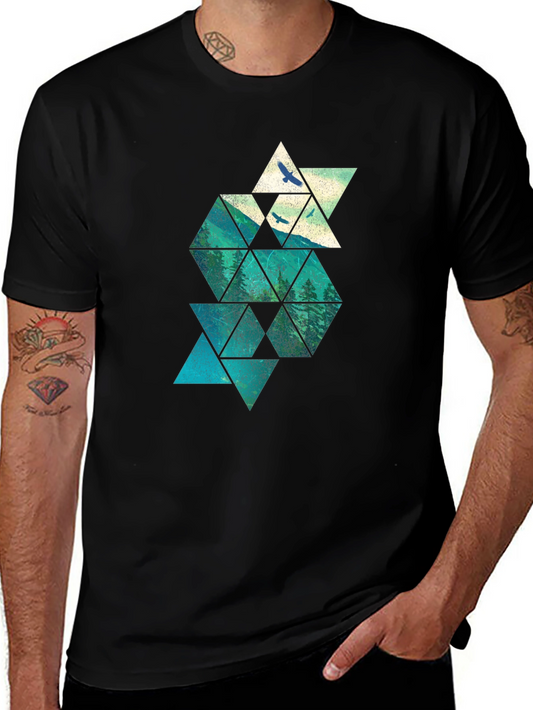 Geometric Mountain & Bird Print Mens Black T-Shirt
